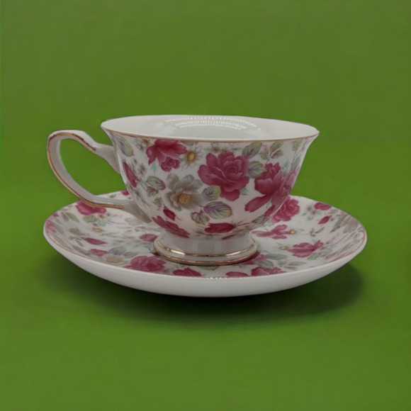 Grace's Teaware Victorian Charm Cup and Saucer Set Pink Floral Blooming Roses - Picture 11 of 11